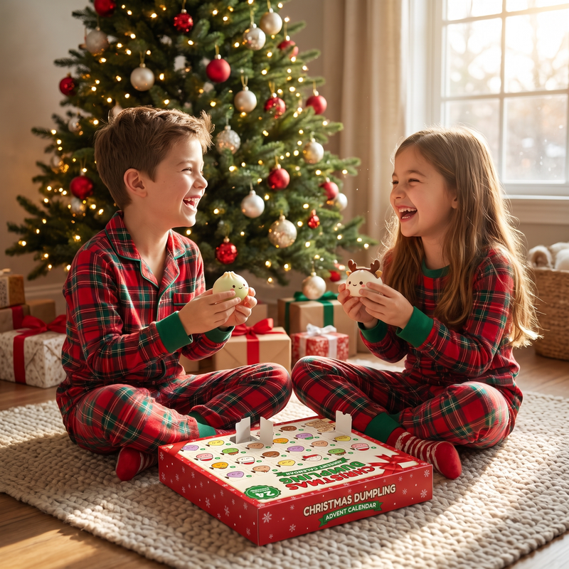Kids with dumpling squishies on Christmas morning